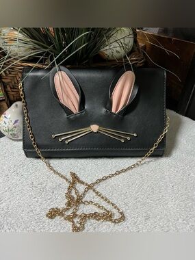 Sam Forever Black Bunny Ear Shoulder Bag with Pink Accents Purse Satchel